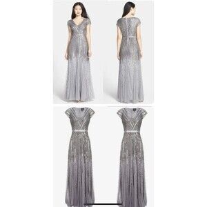 NWT Adrianna Papell Silver Sequin Bead V Neck Cap Sleeve Formal Gown